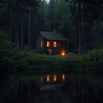 Peaceful Cabin Reflections on Water, Warm Lights in a Rustic Forest Cabin, Evening Serenity in the Woods, Relaxing Campfire Beside a Wooden Cabin,house on the lake