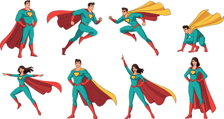 Cartoon superhero character set, male and female vector illustrations in dynamic poses, teal costume with red cape for comic, animation, or promotional design © Monjurul Creatives