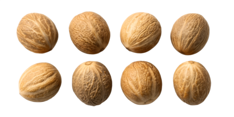 Eight whole nutmeg seeds arranged in two rows on a black background spice food