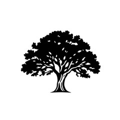 Silhouette of a large, leafy tree with a thick trunk and spreading branches against a white background.