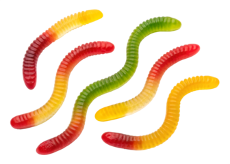Five colorful gummy worms arranged on a black background candy sweet