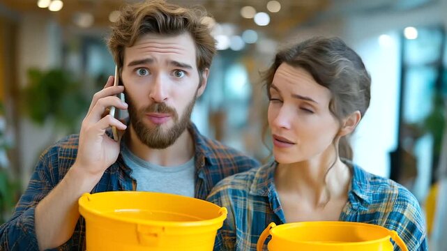 Upset couple shouting into a phone, contacting insurance about a leaking roof with buckets catching water in their living room, home pipe leak frustration, couple insurance emergen