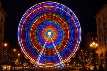 Latvia, Kandava, 2025-08-23, Latvijas kauss A vibrant Ferris wheel at night, its colors dancing in the darkness, illuminated by the warm glow of city lights