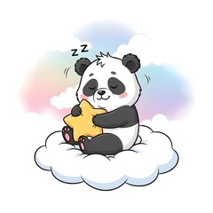 Obraz premium Sleepy Cartoon Panda Hugging Star Pillow on Cloud