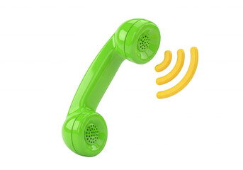 Bright green telephone receiver emitting sound waves isolated on a transparent background