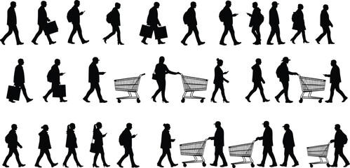 Silhouette illustration of people walking, shopping, using mobile phones, and pushing carts, representing daily urban lifestyle and modern city life