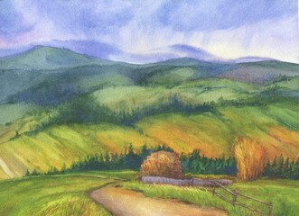 Panoramic view, rural landscape. Rainy autumn day. Road among wooded hills and yellow wheat fields. Watercolor painting.