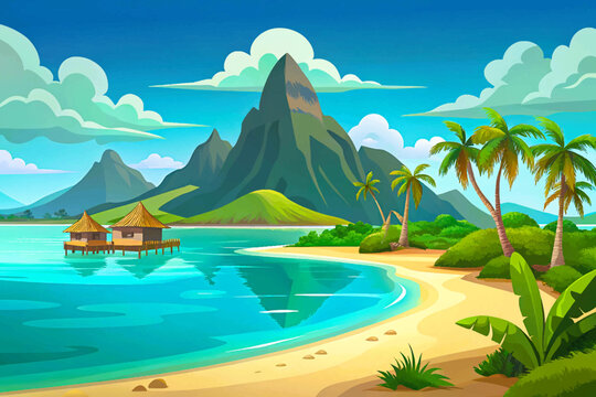 Matira Beach Bora Bora French Polynesia, lagoon paradise, turquoise water, white sand, tropical island beauty, famous travel destination.