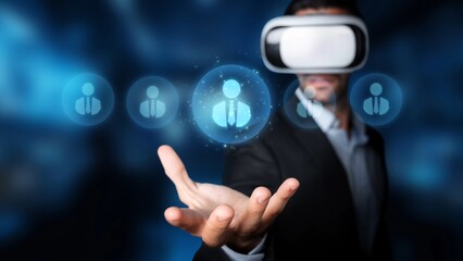 A businessman engages with virtual reality technology, showcasing an immersive experience in a modern digital environment with interactive user interface elements. Raster