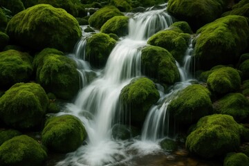 Latvia, Kandava, 2025-08-23, Latvijas kauss A Cascade of Moss-Covered Rocks in a Serene Forest Stream