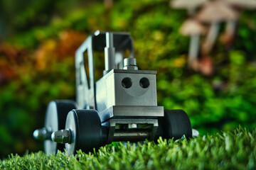 A whimsical macro scene where a toy tractor meets a mushroom forest—blending childhood, fantasy, and industry in a playful visual metaphor. Ideal for themes of creativity, storytelling, and innovation