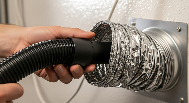 Hand inserting vacuum hose into flexible dryer vent ducting