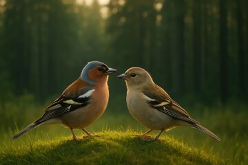 Latvia, Kandava, 2025-08-23, Latvijas kauss Two birds share a tender gaze in the tranquil embrace of nature