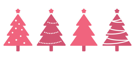 Four festive pink christmas trees with stars and decorations for holiday celebrations isolated on white background