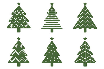 Set of six stylized green christmas trees with twinkling lights and festive decorations isolated on white background