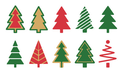 Collection of ten stylized christmas trees in various festive designs and colors for holiday greetings isolated on white background