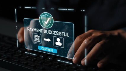 Successful transaction message showing secure payment. Payment confirmed, secured, payment processed, and payment completed with trust and transaction integrity. Marrow
