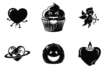 Six black silhouette cartoon icons collection representing Valentines Day, love, and romance isolated on white background