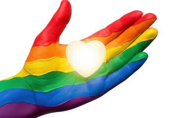 Rainbow hand holding glowing heart isolated on a transparent background