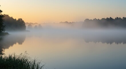 Fototapeta premium Serene misty lake at sunrise with soft pastel sky reflecting tranquil natural beauty and lush forest silhouettes creating a peaceful, ethereal dawn atmosphere for mindfulness and escape