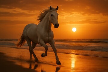 Latvia, Kandava, 2025-08-23, Latvijas kauss A White Horse Dances Along the Ocean's Edge at Sunset