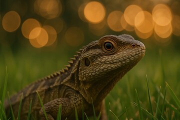 Obraz premium Latvia, Kandava, 2025-08-23, Latvijas kauss A lizard gazes into the soft glow of a bokeh-lit background, embodying tranquility and natural beauty