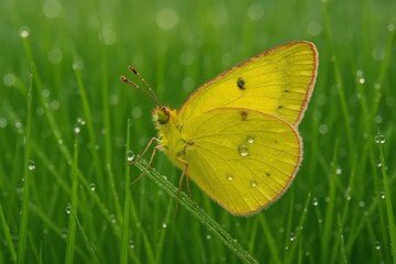 Fototapeta premium Latvia, Kandava, 2025-08-23, Latvijas kauss A Butterfly's Gentle Rest on a Rain-Kissed Grass Blade