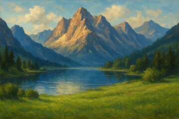 Fototapeta premium Latvia, Kandava, 2025-08-23, Latvijas kauss A Majestic Mountain Range Overlooking a Calm Lake in a Verdant Landscape