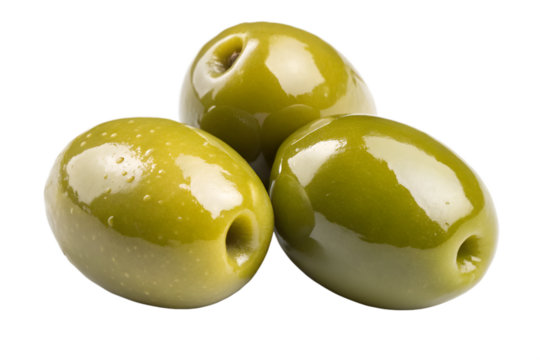 Three glossy green olives with visible pits against a black background pitted olives whole olives