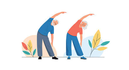 Active seniors stretching and exercising in nature.