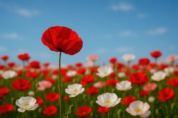 Obraz premium Latvia, Kandava, 2025-08-23, Latvijas kauss A Poppy Field Under a Clear Blue Sky