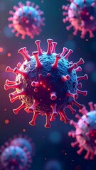 Microscopic depiction of a virus with spiky projections, glowing
