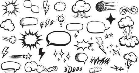 Hand-drawn comic speech bubbles set, explosion effects, and cartoon cloud smoke bursts with expressive lightning, stars, and spark symbols in sketch style illustration. 
