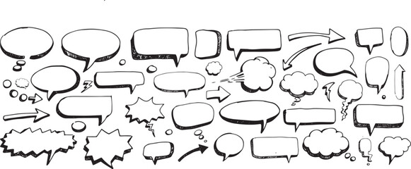Fototapeta premium Collection of hand-drawn comic speech and thought bubbles, explosion shapes, arrows, and cloud forms in various styles with sketched outlines and dynamic strokes.