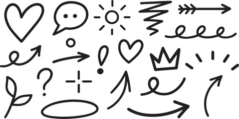 Bold hand-drawn black doodle icons set, including arrows, hearts, speech bubbles, sunburst, crown, question mark, and swirl lines in a casual sketch style.