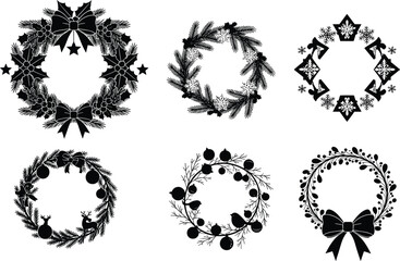 Elegant Black Silhouette Christmas Wreath Vector Set with Bows, Ornaments, Pine Leaves, Reindeer, and Snowflakes for Festive Design