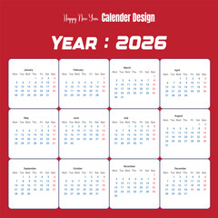 Happy new year 2026 calendar design with all months displayed on a red background