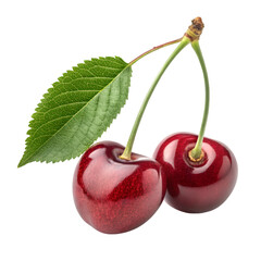 Two ripe red cherries with a green leaf on a black background cherry fruit