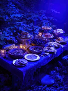 An eerie blue light illuminates a table laden with various dishes and candles, creating a mysterious feast within the dark and enchanted forest.