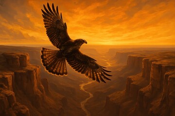 Obraz premium Latvia, Kandava, 2025-08-23, Latvijas kauss A Soaring Eagle Over a Rugged Canyon