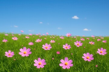 Fototapeta premium Latvia, Kandava, 2025-08-23, Latvijas kauss A vibrant field of pink cosmos flowers under a clear blue sky, symbolizing joy and tranquility