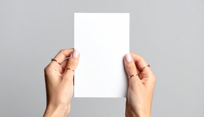 Female hands holding blank white card with gray background.
