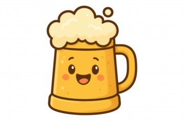 Happy beer mug character smiling with foam head, cartoon drawing, representing celebration and fun
