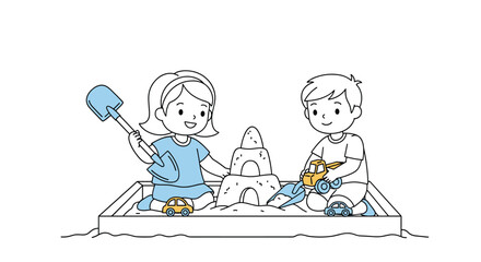 Children playing in a sandbox with toy cars.