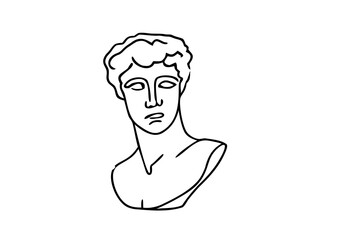 Line art david bust illustration. Minimal outline portrait of david sculpture in black and white, abstract david statue sketch, classical renaissance design for poster and decorative art