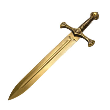 A golden sword with intricate details, laid across a black background, ready for battle