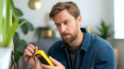 Caucasian man testing an outlet with a multimeter tools spread out focused in a modern room cable nearby electrical testing outlet repair home maintenance skilled technician