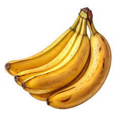 Bunch of ripe yellow bananas with brown spots on black background fruit