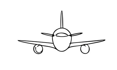 Plane vector illustration with airplane drawing in line art style. Airplane front view icon with engines, symbol of flight, travel, aviation, sky and modern transportation