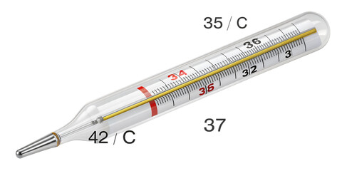 Classic glass mercury thermometer with yellow liquid and Celsius scale temperature